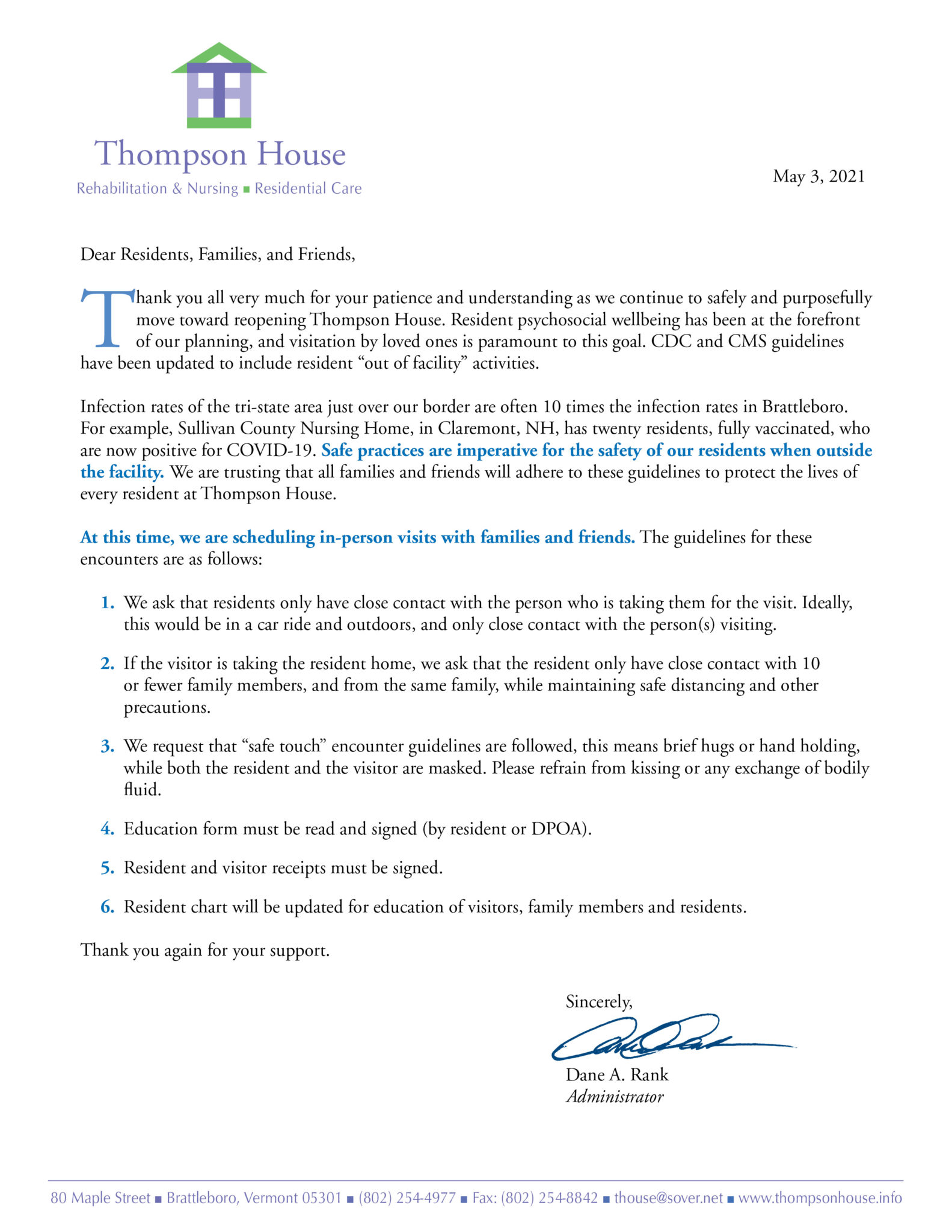 A letter to family and friends of Thompson House from our administrator